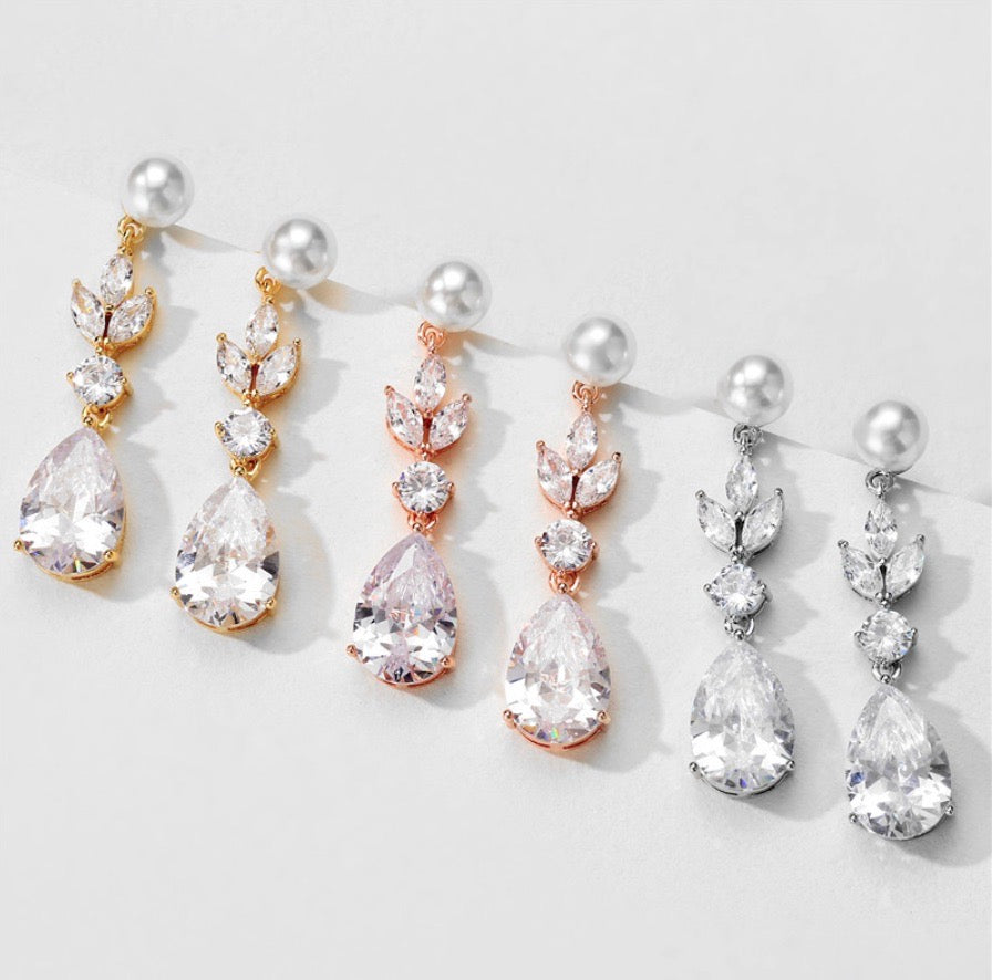 Perla - Pearl and Cubic Zirconia Bridal Earrings - Available in Silver, Rose Gold and Yellow Gold