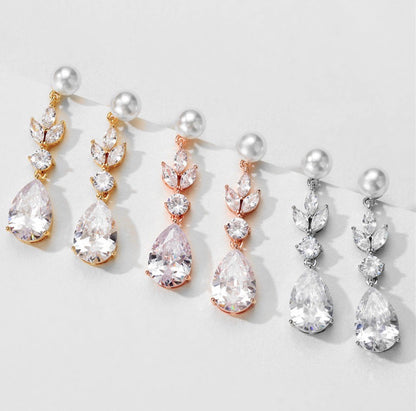 Perla - Pearl and Cubic Zirconia Bridal Earrings - Available in Silver, Rose Gold and Yellow Gold