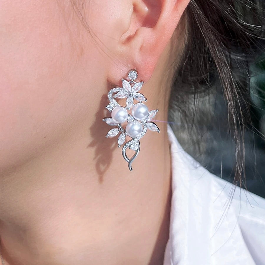 Lenya - Pearl and Cubic Zirconia Bridal Earrings - Available in Rose Gold and Silver