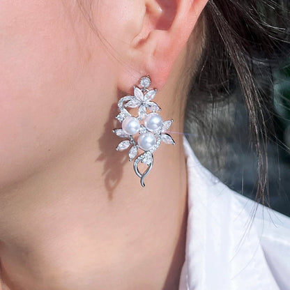 Lenya - Pearl and Cubic Zirconia Bridal Earrings - Available in Rose Gold and Silver