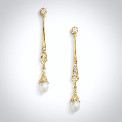 Cece - Art Deco Pearl and CZ Bridal Earrings - Available in Silver, Rose Gold and Yellow Gold