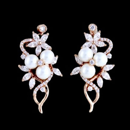 Lenya - Pearl and Cubic Zirconia Bridal Earrings - Available in Rose Gold and Silver