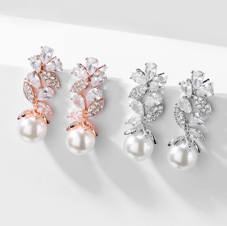 Almera - Pearl and Cubic Zirconia Bridal Earrings - Available in Rose Gold and Silver