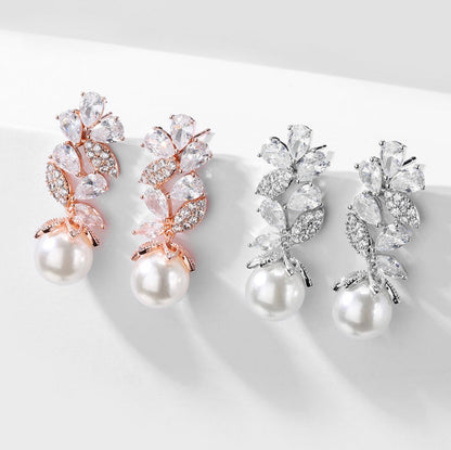Almera - Pearl and Cubic Zirconia Bridal Earrings - Available in Rose Gold and Silver
