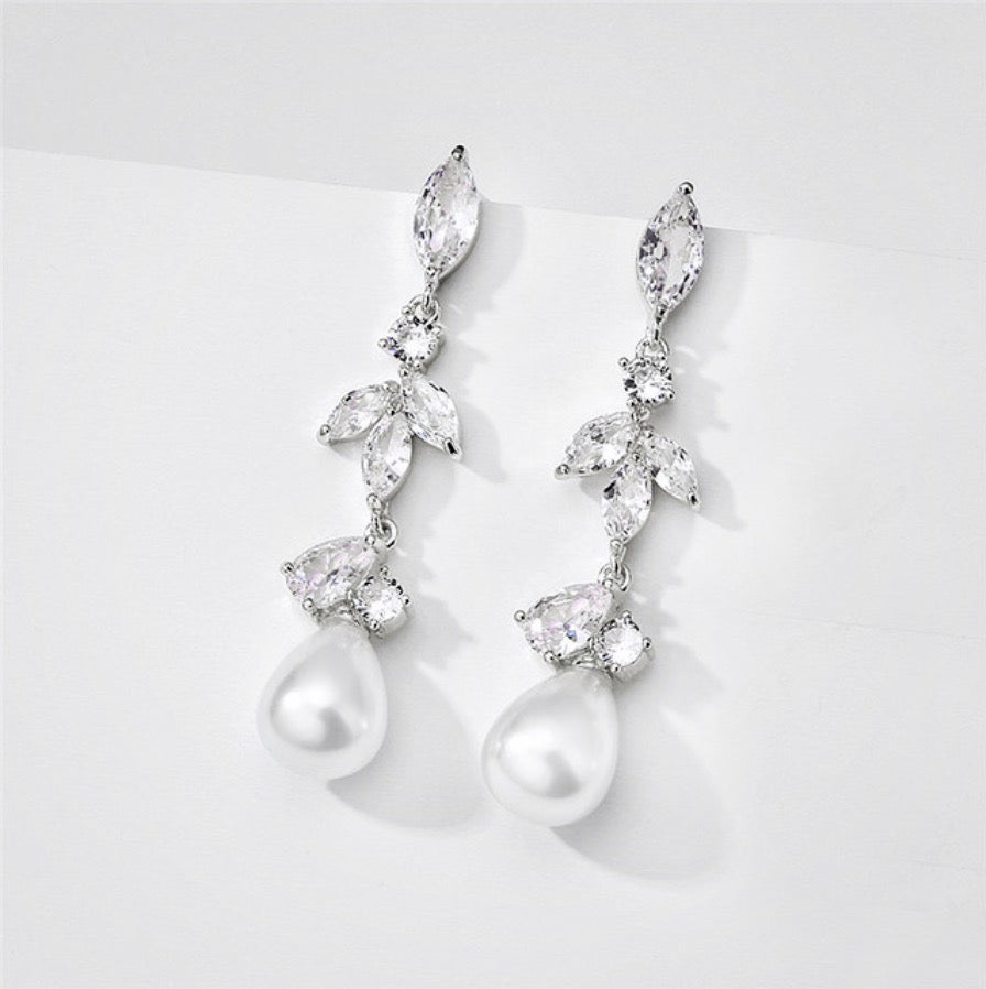 Senna - Pearl and Cubic Zirconia Bridal Earrings - Available in Rose Gold and Silver