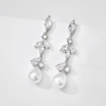 Senna - Pearl and Cubic Zirconia Bridal Earrings - Available in Rose Gold and Silver