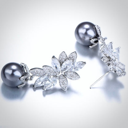 Ida - Gray Pearl and Cubic Zirconia Bridal Earrings