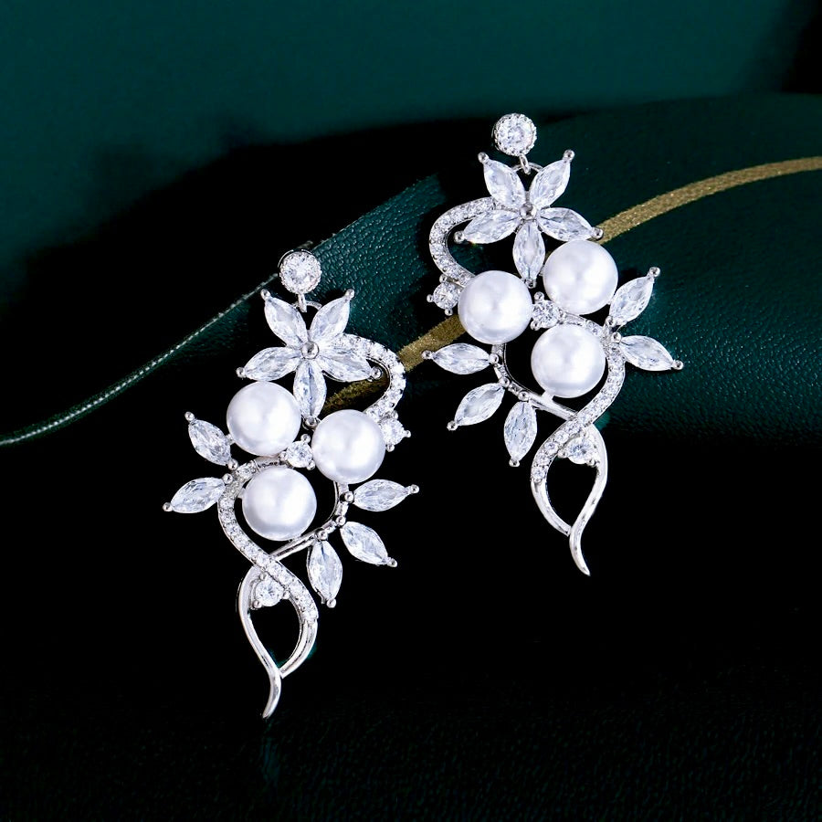 Lenya - Pearl and Cubic Zirconia Bridal Earrings - Available in Rose Gold and Silver