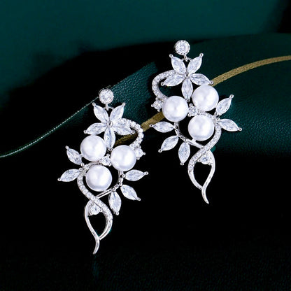 Lenya - Pearl and Cubic Zirconia Bridal Earrings - Available in Rose Gold and Silver