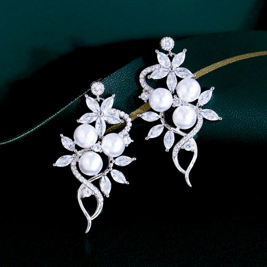 Lenya - Pearl and Cubic Zirconia Bridal Earrings - Available in Rose Gold and Silver