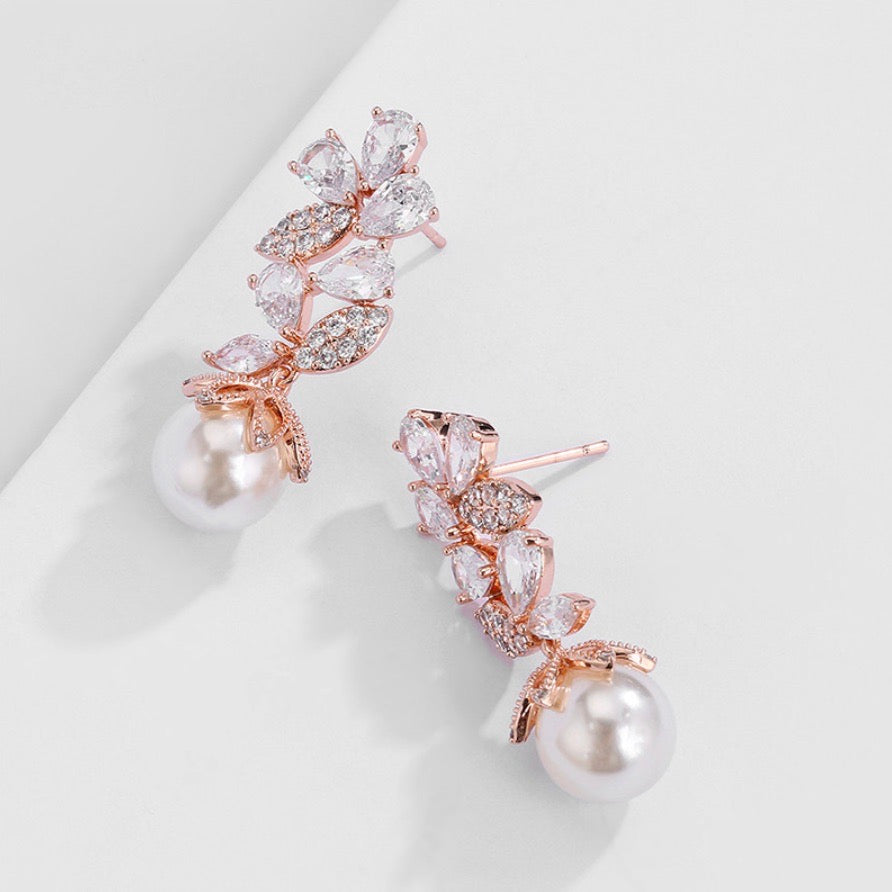 Almera - Pearl and Cubic Zirconia Bridal Earrings - Available in Rose Gold and Silver