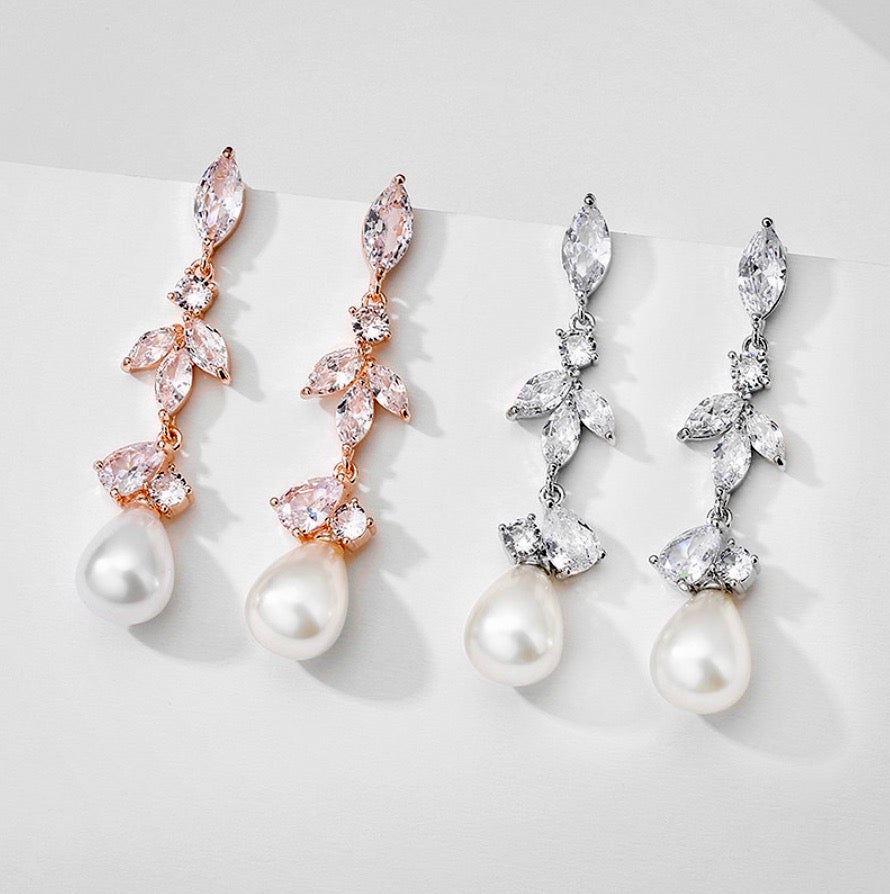Senna - Pearl and Cubic Zirconia Bridal Earrings - Available in Rose Gold and Silver