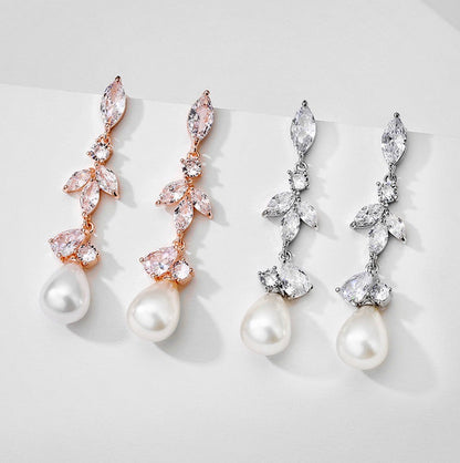 Senna - Pearl and Cubic Zirconia Bridal Earrings - Available in Rose Gold and Silver