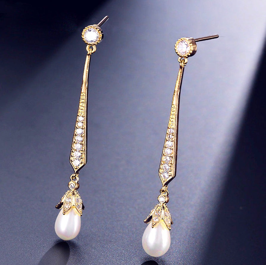 Cece - Art Deco Pearl and CZ Bridal Earrings - Available in Silver, Rose Gold and Yellow Gold