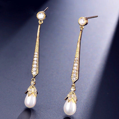 Cece - Art Deco Pearl and CZ Bridal Earrings - Available in Silver, Rose Gold and Yellow Gold
