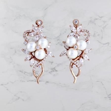 Lenya - Pearl and Cubic Zirconia Bridal Earrings - Available in Rose Gold and Silver
