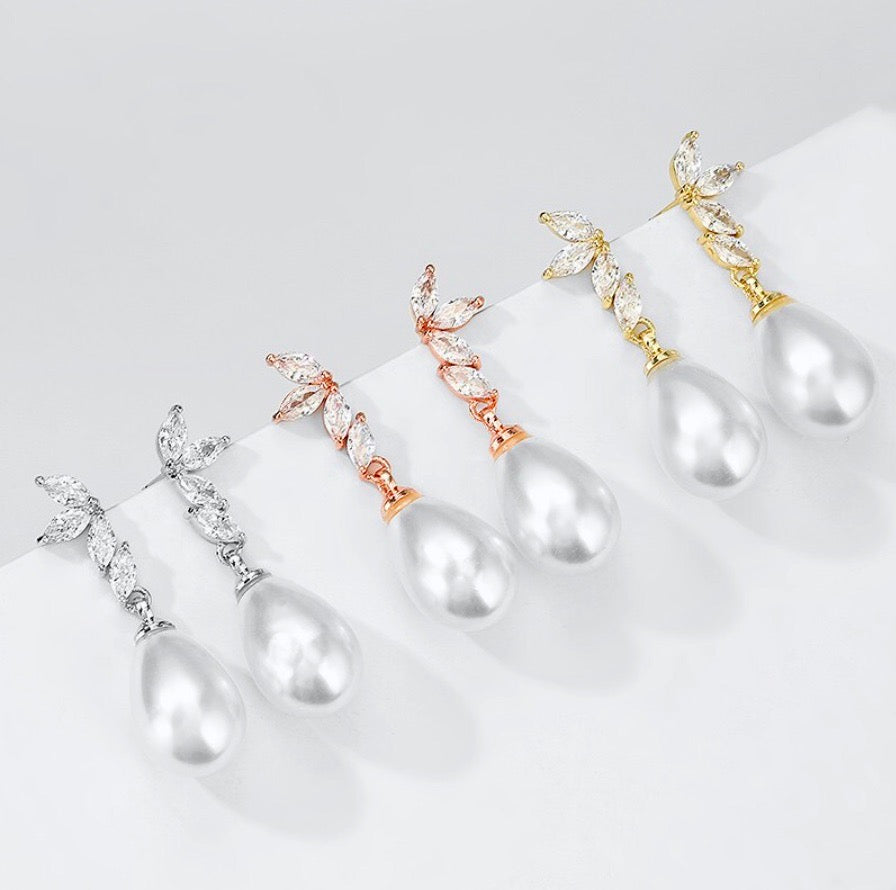 Renata - Pearl and Cubic Zirconia Bridal Earrings - Available in Silver, Rose Gold and Yellow Gold
