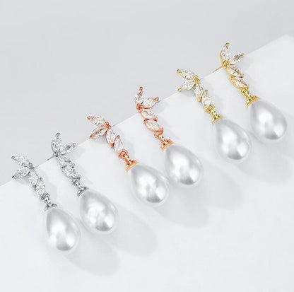 Renata - Pearl and Cubic Zirconia Bridal Earrings - Available in Silver, Rose Gold and Yellow Gold