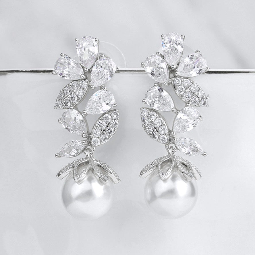 Almera - Pearl and Cubic Zirconia Bridal Earrings - Available in Rose Gold and Silver