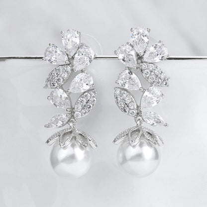Almera - Pearl and Cubic Zirconia Bridal Earrings - Available in Rose Gold and Silver