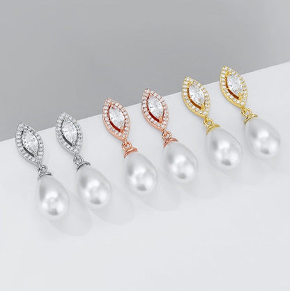 Dani - Pearl and Cubic Zirconia Bridal Earrings - Available in Silver, Rose Gold and Yellow Gold