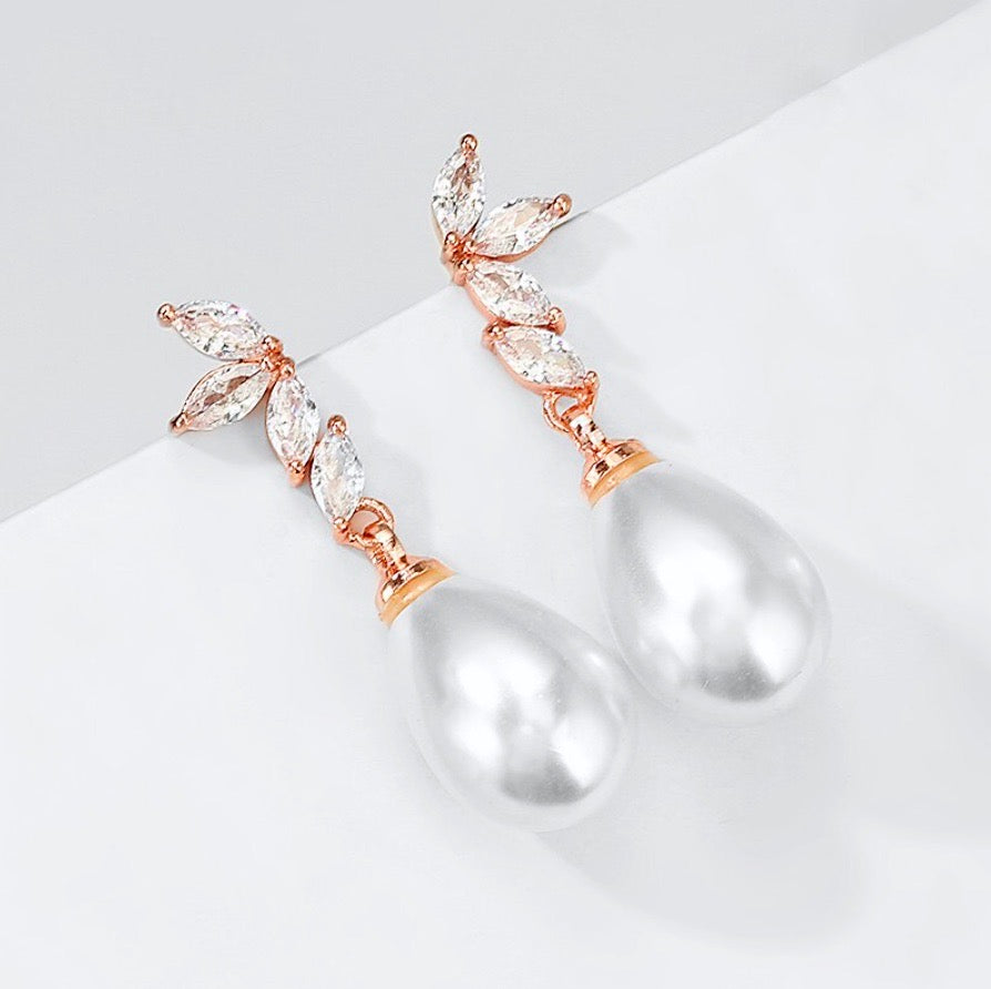Renata - Pearl and Cubic Zirconia Bridal Earrings - Available in Silver, Rose Gold and Yellow Gold