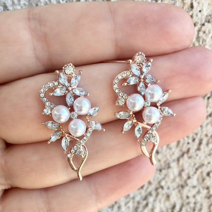 Lenya - Pearl and Cubic Zirconia Bridal Earrings - Available in Rose Gold and Silver