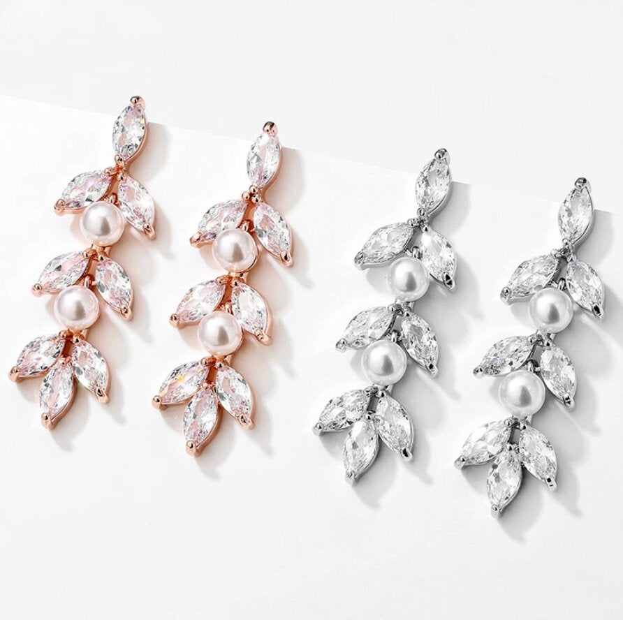 "Sadie" - Pearl Bridal Earrings - Available in Silver, Rose Gold and Yellow Gold