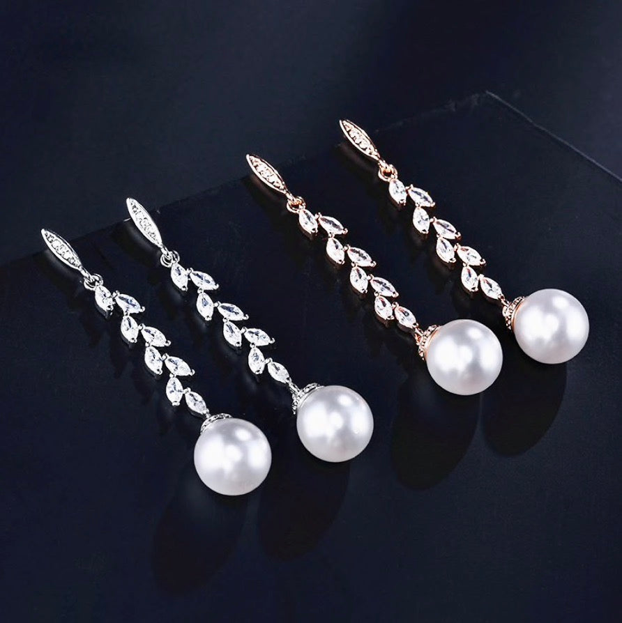 Ursula - Pearl and Cubic Zirconia Bridal Earrings - Available in Silver and Rose Gold