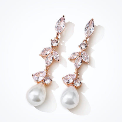 Senna - Pearl and Cubic Zirconia Bridal Earrings - Available in Rose Gold and Silver