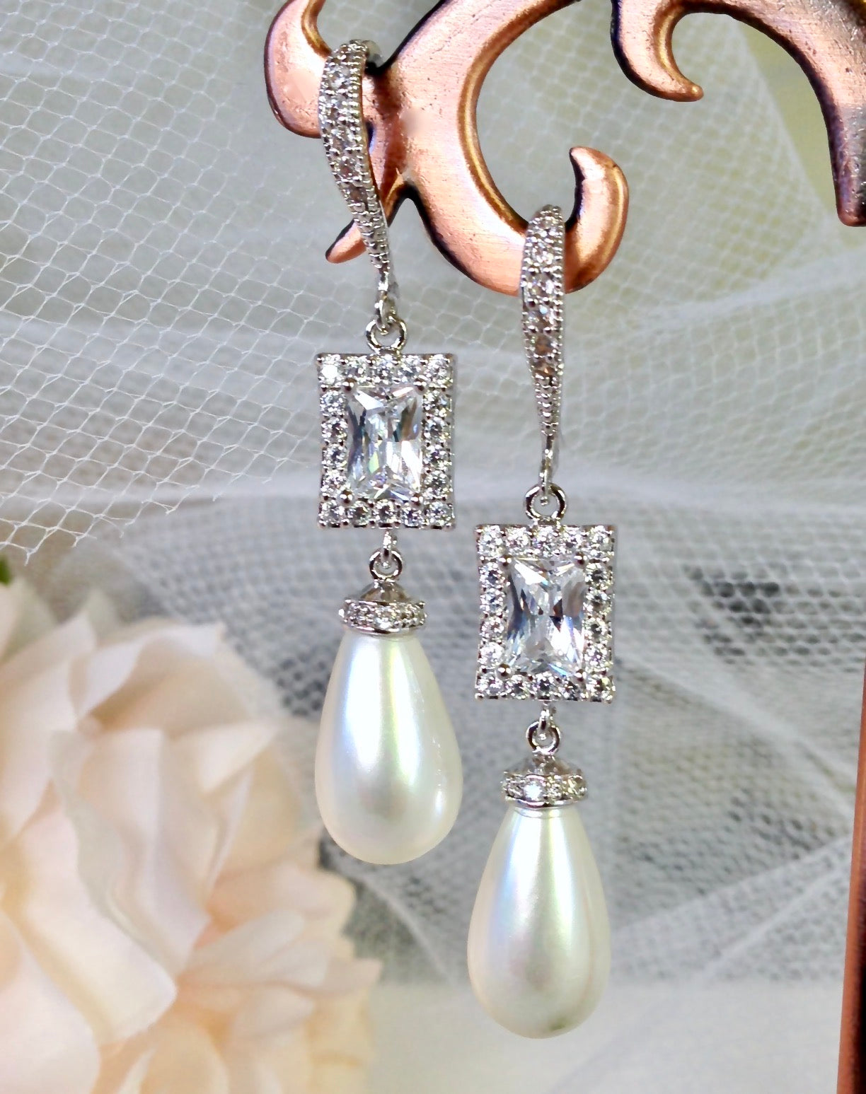 "Juno" - Pearl and CZ Bridal Earrings - Available in Silver and Yellow Gold
