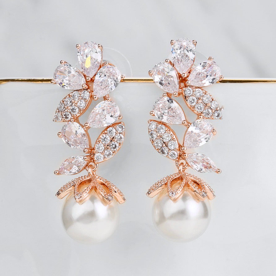 Almera - Pearl and Cubic Zirconia Bridal Earrings - Available in Rose Gold and Silver
