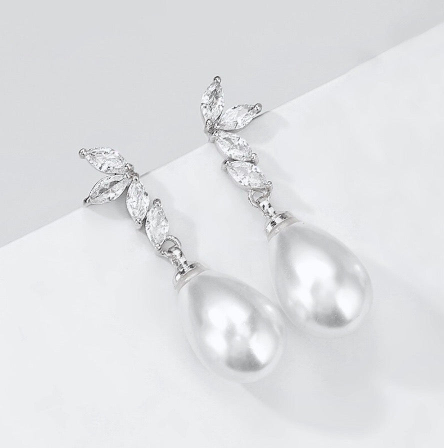 Renata - Pearl and Cubic Zirconia Bridal Earrings - Available in Silver, Rose Gold and Yellow Gold