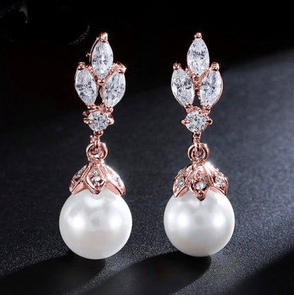 Esme - Pearl and Cubic Zirconia Bridal Earrings - Available in Silver, Rose Gold and Yellow Gold