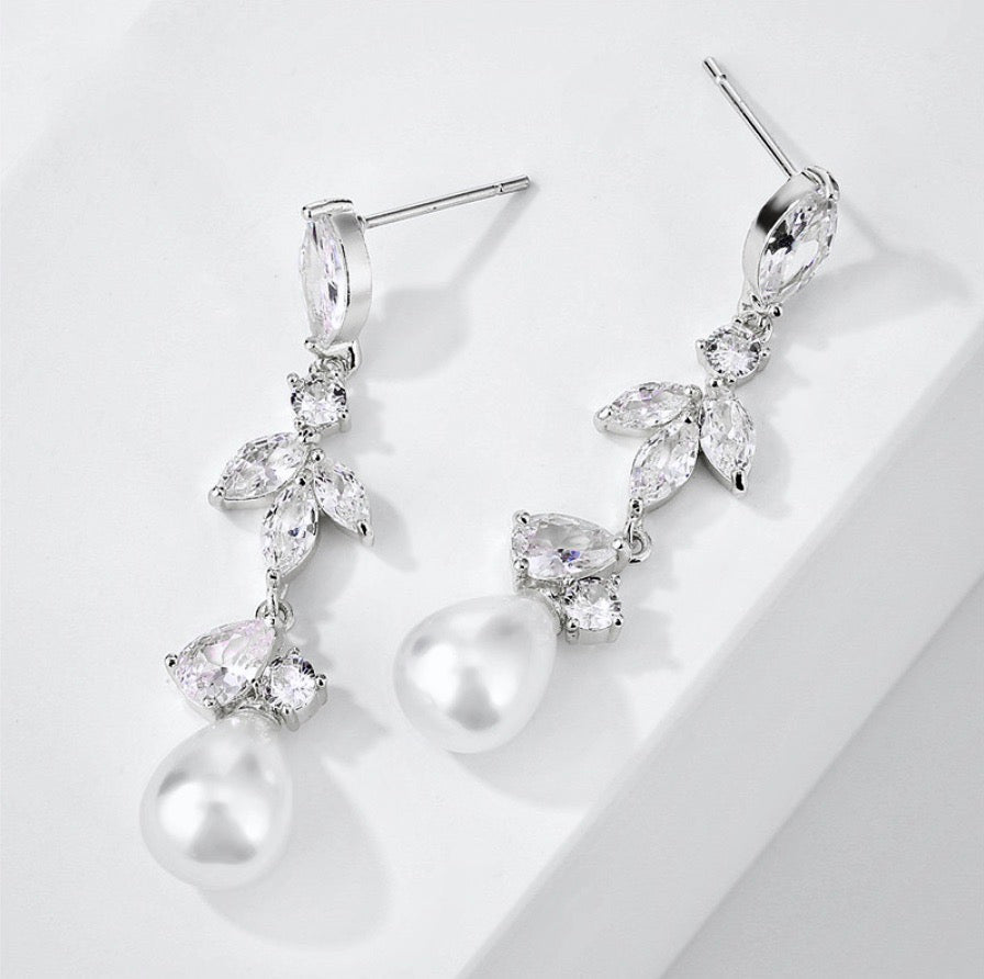 Senna - Pearl and Cubic Zirconia Bridal Earrings - Available in Rose Gold and Silver
