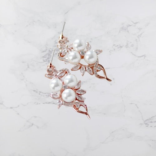 Lenya - Pearl and Cubic Zirconia Bridal Earrings - Available in Rose Gold and Silver