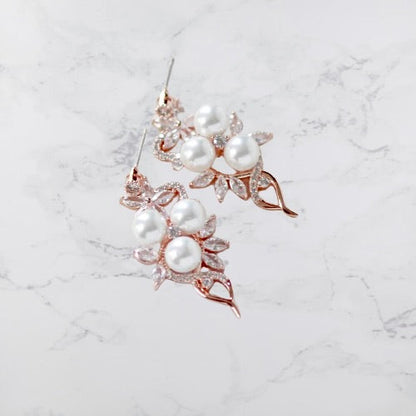 Lenya - Pearl and Cubic Zirconia Bridal Earrings - Available in Rose Gold and Silver