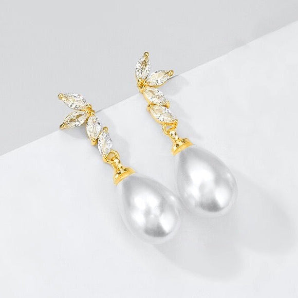 Renata - Pearl and Cubic Zirconia Bridal Earrings - Available in Silver, Rose Gold and Yellow Gold