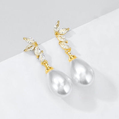 Renata - Pearl and Cubic Zirconia Bridal Earrings - Available in Silver, Rose Gold and Yellow Gold
