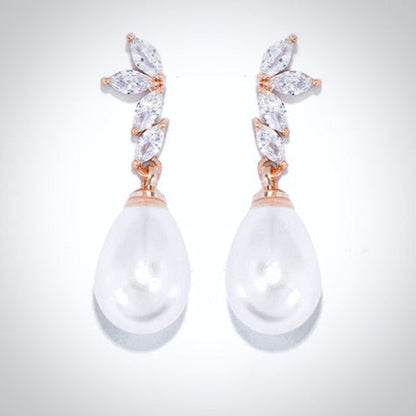 Renata - Pearl and Cubic Zirconia Bridal Earrings - Available in Silver, Rose Gold and Yellow Gold