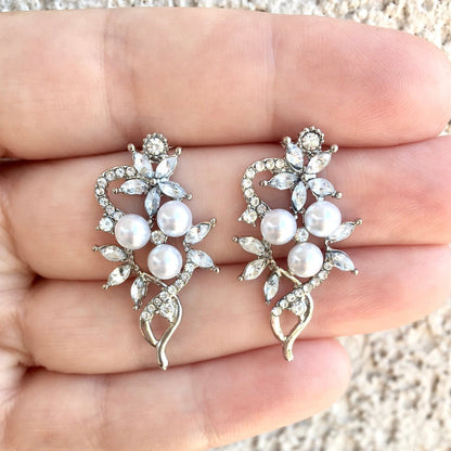 Lenya - Pearl and Cubic Zirconia Bridal Earrings - Available in Rose Gold and Silver