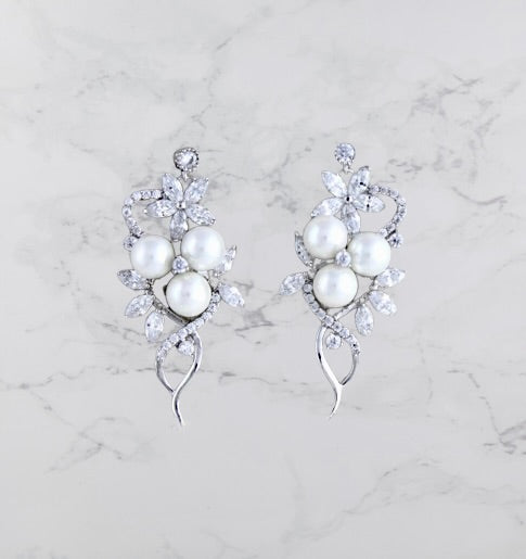 Lenya - Pearl and Cubic Zirconia Bridal Earrings - Available in Rose Gold and Silver