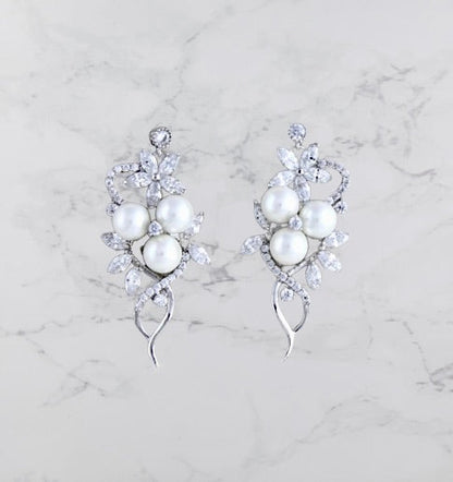 Lenya - Pearl and Cubic Zirconia Bridal Earrings - Available in Rose Gold and Silver