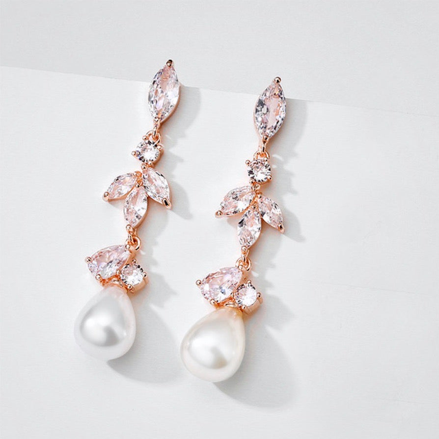 Senna - Pearl and Cubic Zirconia Bridal Earrings - Available in Rose Gold and Silver