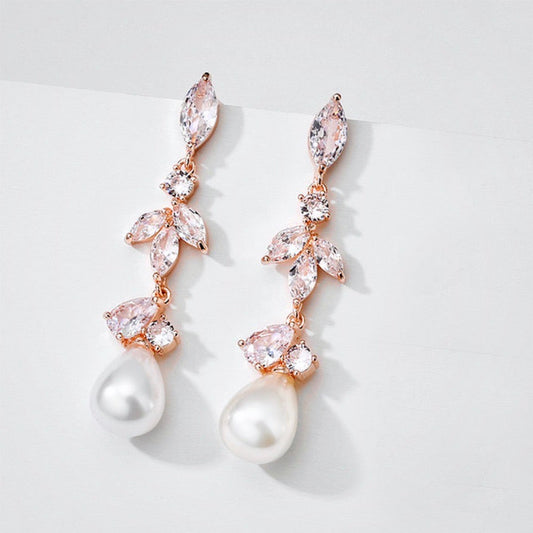 Senna - Pearl and Cubic Zirconia Bridal Earrings - Available in Rose Gold and Silver