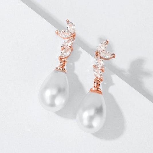 Renata - Pearl and Cubic Zirconia Bridal Earrings - Available in Silver, Rose Gold and Yellow Gold