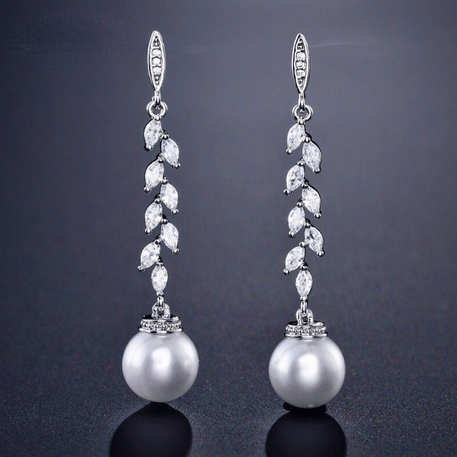 Ursula - Pearl and Cubic Zirconia Bridal Earrings - Available in Silver and Rose Gold