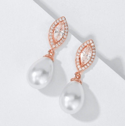 Dani - Pearl and Cubic Zirconia Bridal Earrings - Available in Silver, Rose Gold and Yellow Gold
