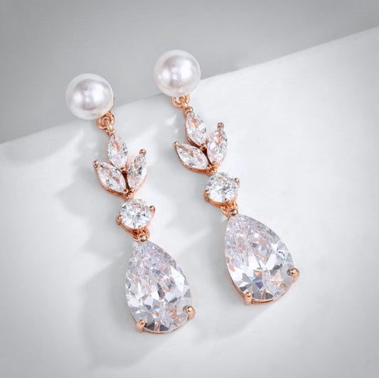 Perla - Pearl and Cubic Zirconia Bridal Earrings - Available in Silver, Rose Gold and Yellow Gold