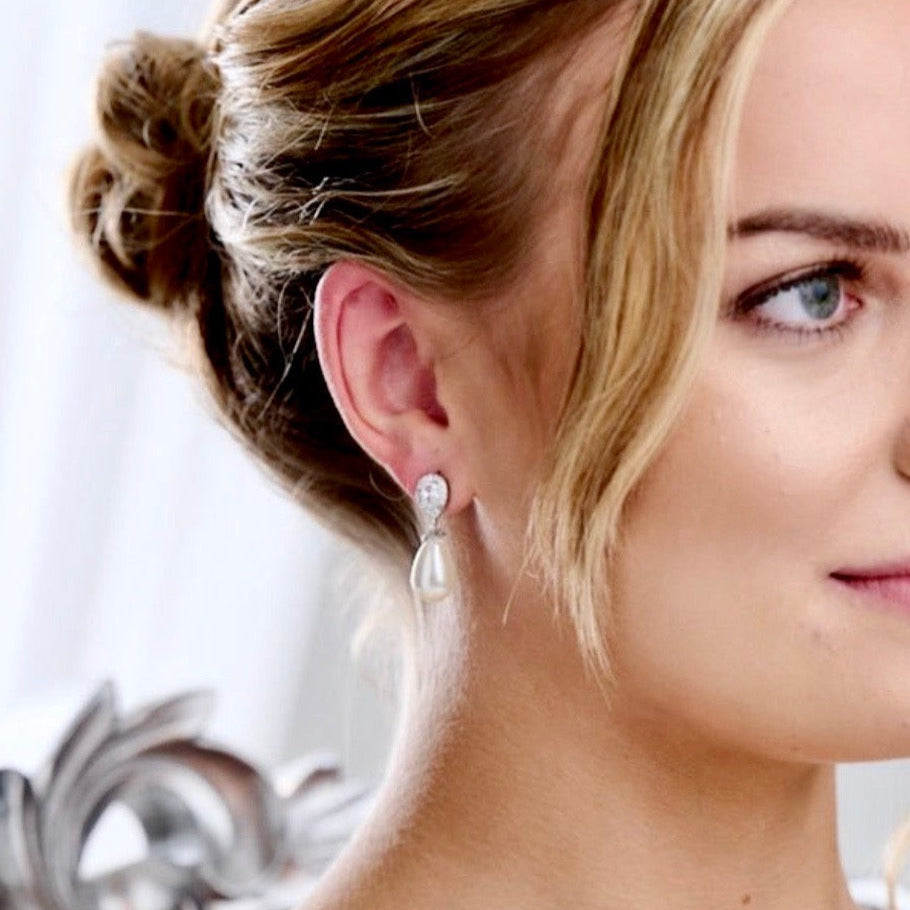Kendalyn - Pearl and Cubic Zirconia Bridal Earrings - Available in Silver, Rose Gold and Yellow Gold